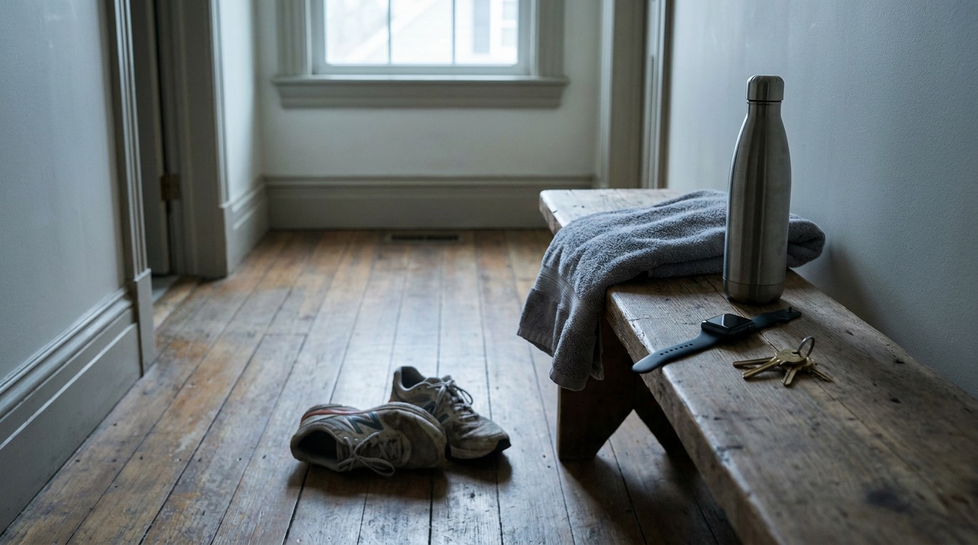 Running shoes by the front door in morning light, an Apple Watch with its screen off on the bench beside them