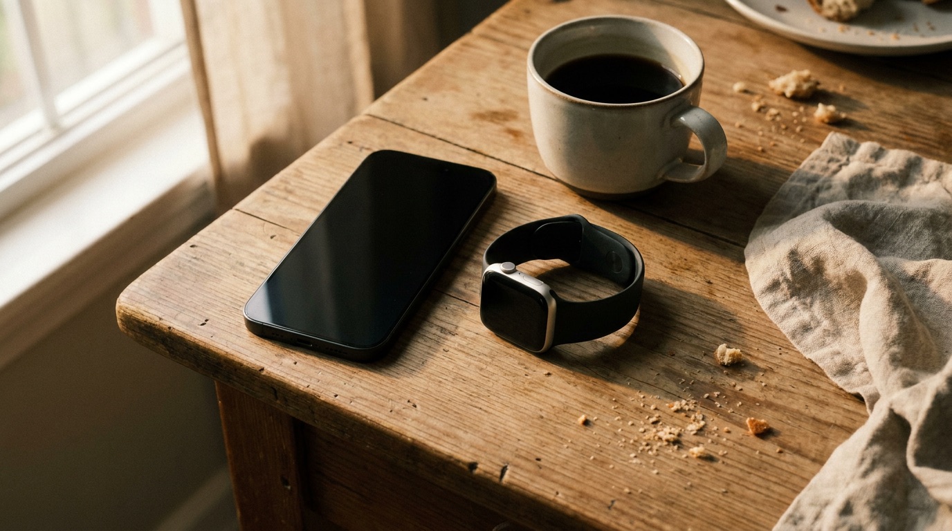 An iPhone with a dark screen and an Apple Watch on a kitchen table next to a cup of coffee