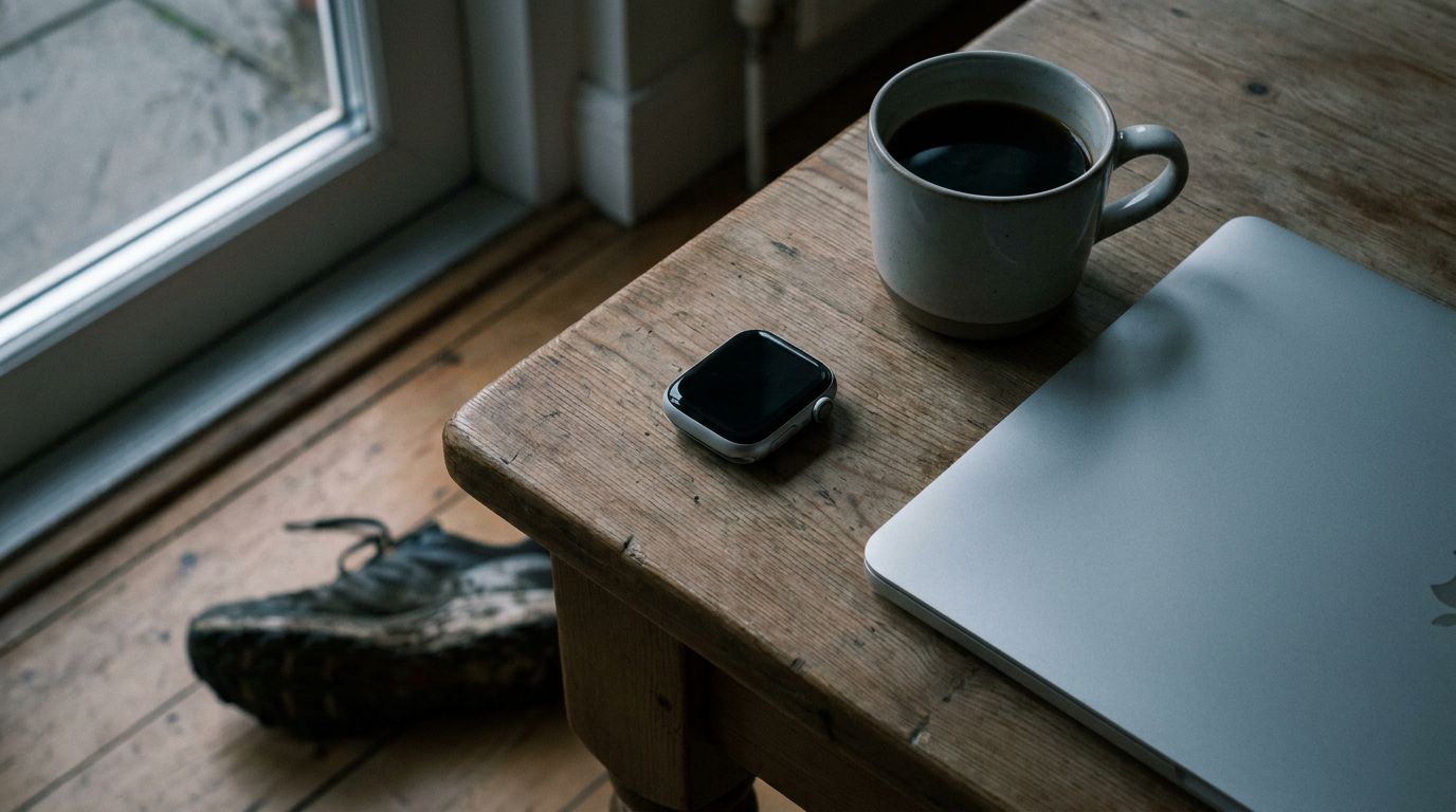 An Apple Watch with its screen off on a kitchen table next to a closed laptop and a cup of coffee, early morning light