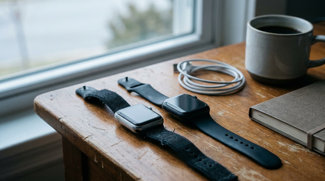 Two Apple Watches, an older and a newer one, with their screens off on a wooden desk next to a mug of coffee