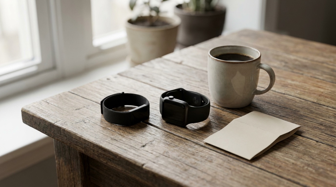 An Apple Watch with its screen off next to a screenless fitness band and a coffee cup on a kitchen table