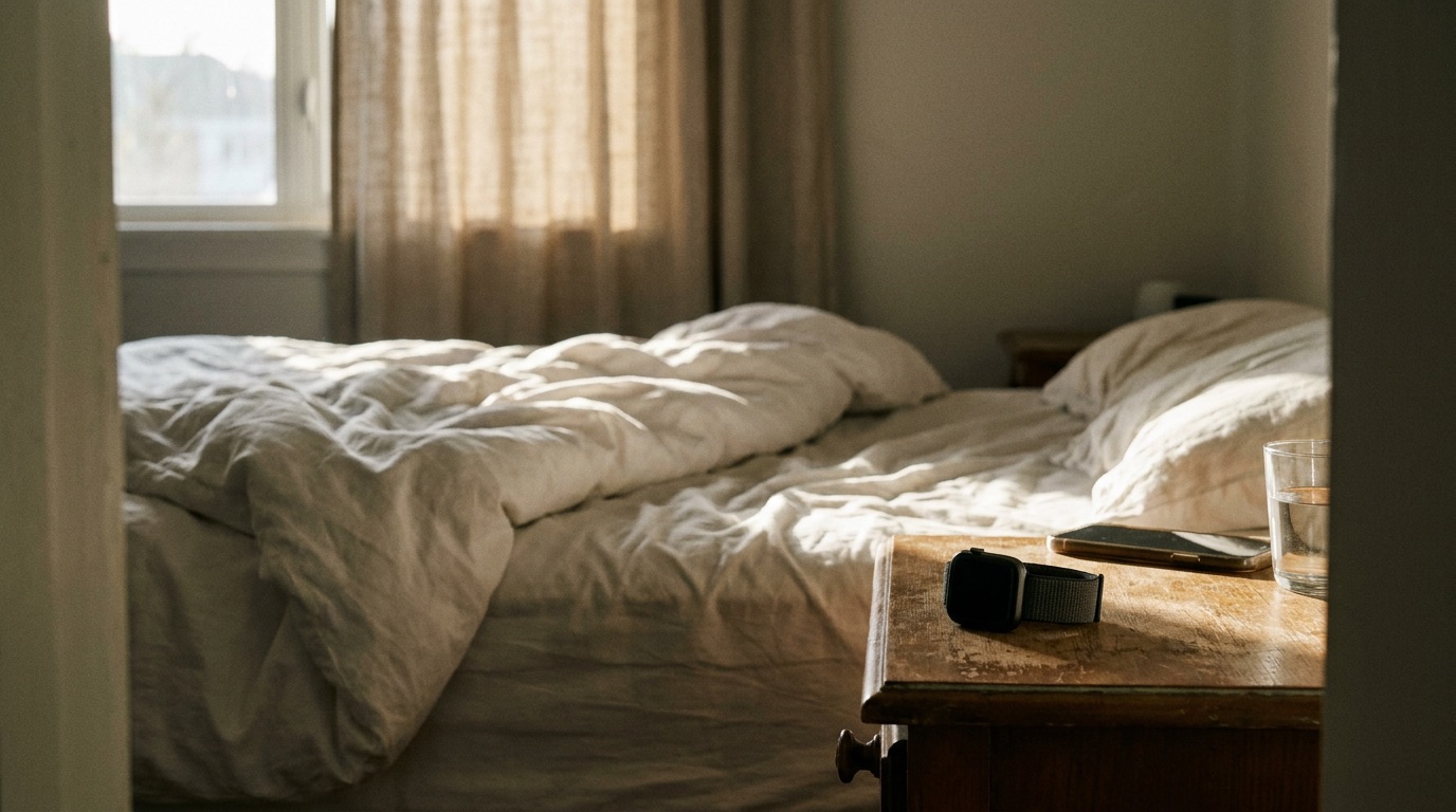 An unmade bed in morning light, an Apple Watch with its screen off on the nightstand next to a glass of water