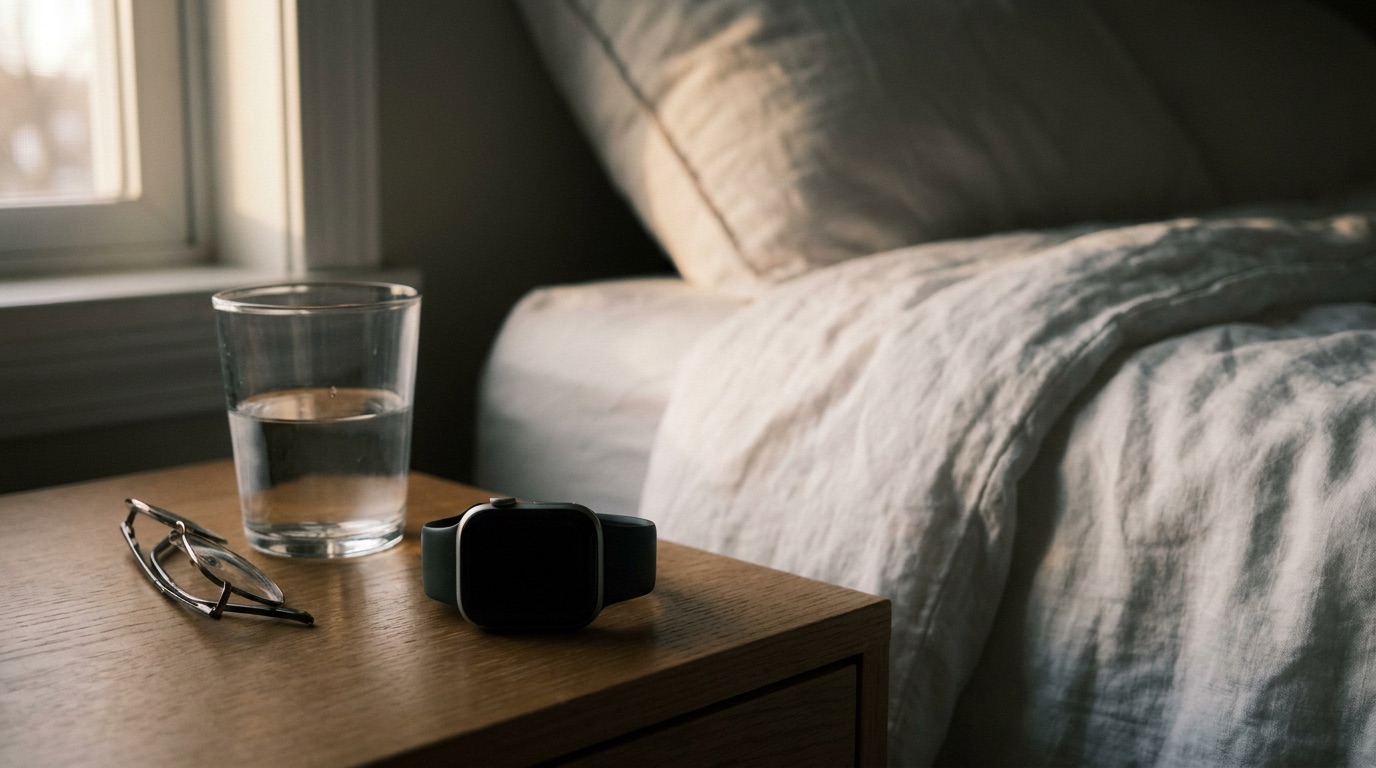 An Apple Watch, a glass of water and a pair of glasses on a bedside table in early morning light