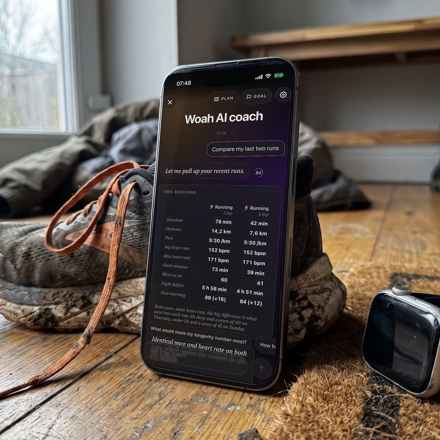 iPhone leaning on running shoes, the Woah AI coach comparing two runs side by side