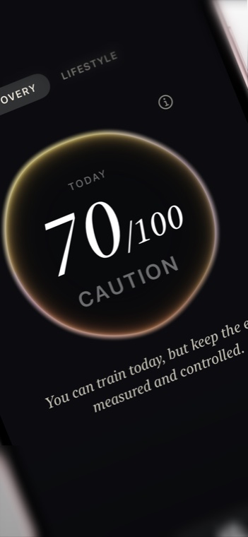 A clear recovery score every morning — 70 out of 100, caution